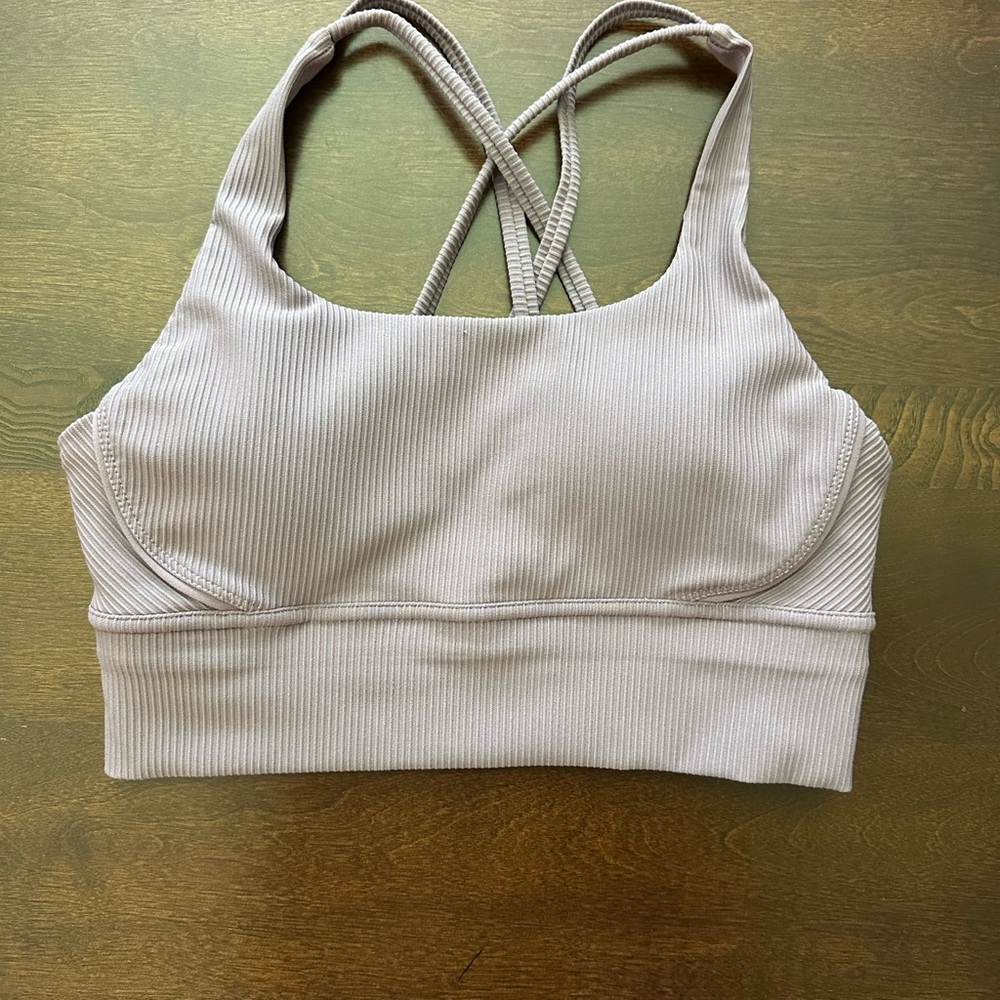 Ribbed Crisscross Back Sports Bra - Light Taupe
